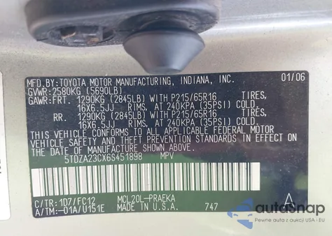 2006 Toyota Sienna Le from USA, damaged, VIN 5TDZA23CX6S451898
